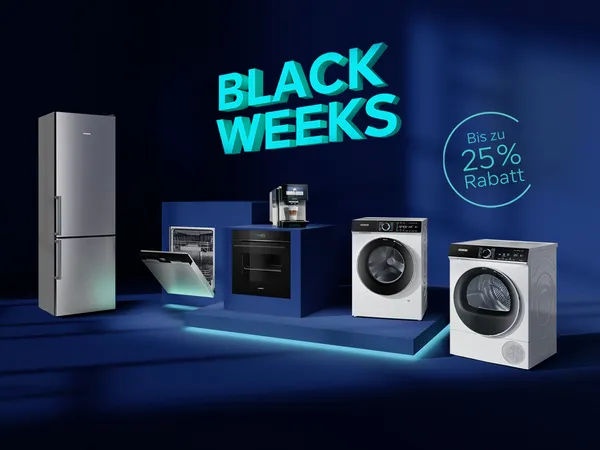 Dunkelblauer Raum mit Hausgeräten von Siemens und dem Hinweis auf die aktuelle Black Weeks Aktion mit bis zu 25 % Rabatt im Siemens Online Shop