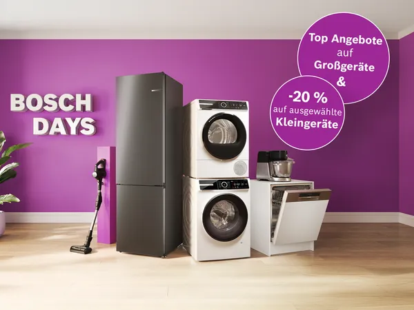 Silberfarbener Kühlschrank, gestapelte Waschmaschine und Trockner, geöffneter Geschirrspüler, Küchenmaschine und kabelloser Staubsauger von Bosch vor einer violetten Wand mit dem Schriftzug „BOSCH DAYS“. Rechts oben weist ein violetter Kreis auf Top Angebote auf Großgeräte und 20 % Rabatt auf ausgewählte Kleingeräte hin.