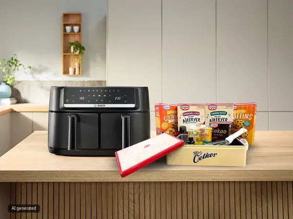 Bosch friteza na vrući zrak i Dr. Oetker proizvodi za kolače.