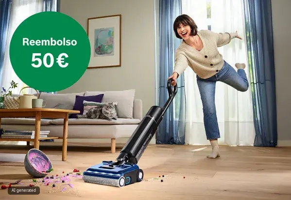 Una mujer está de rodillas sobre una alfombra usando una aspiradora inalámbrica Bosch; un gráfico verde dice "Reembolso de 50 €".
