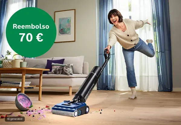 Una mujer está de rodillas sobre una alfombra usando una aspiradora inalámbrica Bosch; un gráfico verde dice "Reembolso de 70 €".