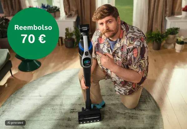 Un hombre está de rodillas sobre una alfombra usando una aspiradora inalámbrica Bosch; un gráfico verde dice "Reembolso de 70 €".