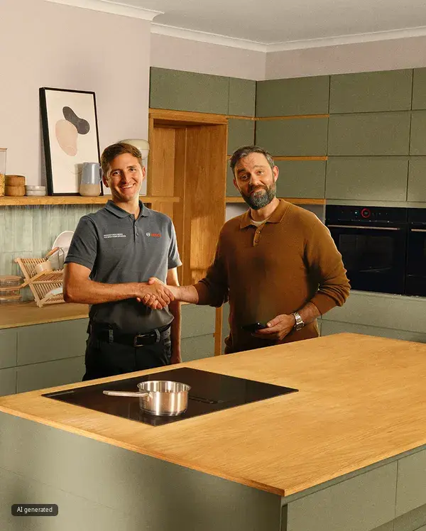 Un usuario felicita afectuosamente a un técnico del Servicio Oficial Bosch con electrodomésticos de la marca.