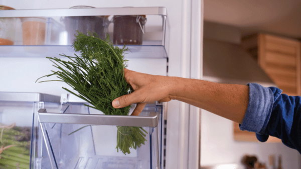 person grabbing herbs out of the fridge