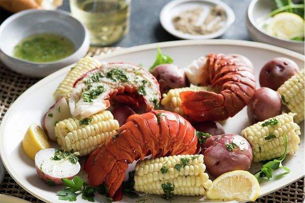 Spiny lobster boil with fresh corn