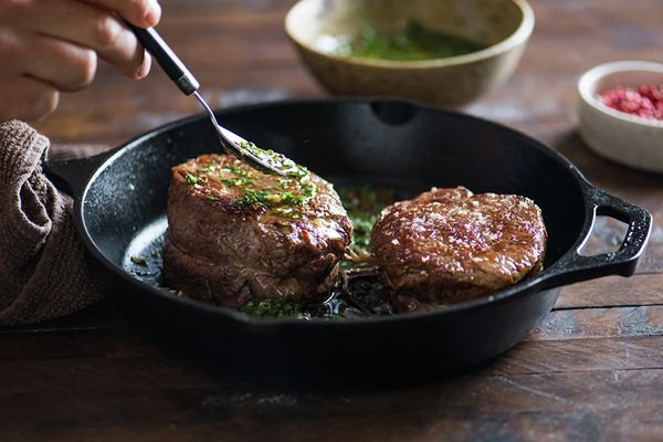 Filet mignon with pink peppercorn chimichurri sauce