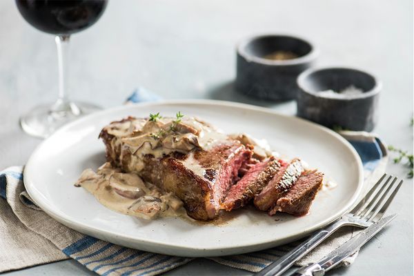 NY strik steak with chanterelle mushroom cream sauce