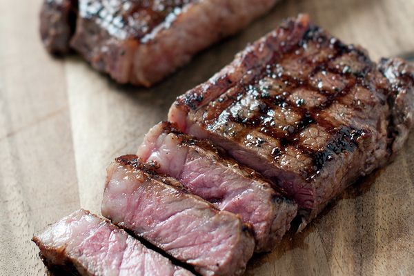 Medium rare steak sliced