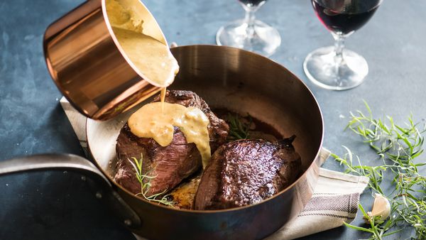 Top sirloin steak with white wine tarragon mustard sauce