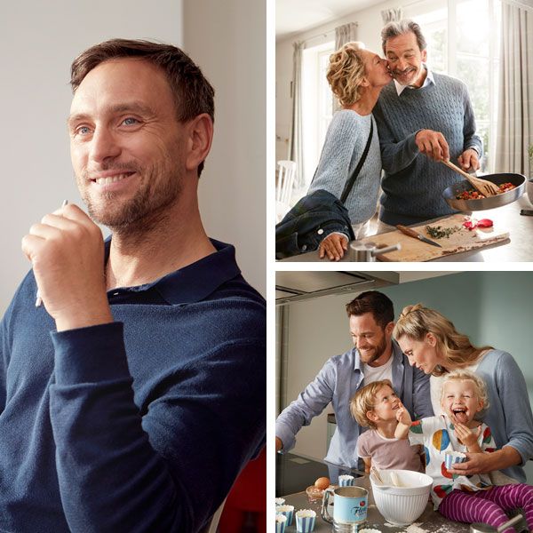 A family on the sofa , a man in the office and a woman in a cafe happily using the Home Connect app.