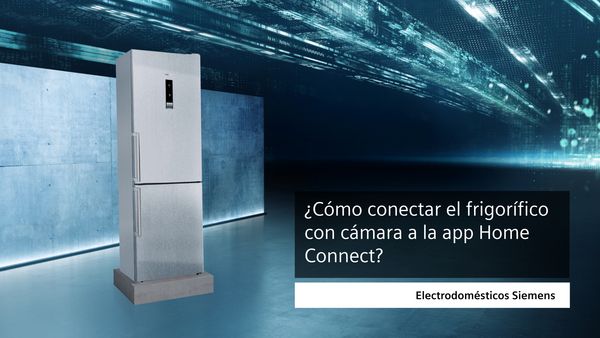 Un frigorífico plateado elegante con fondo digital y texto sobre conectarlo a la app Home Connect