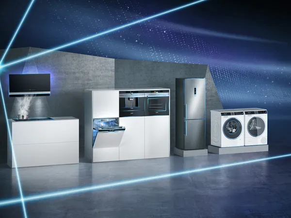 Modern kitchen appliances, sleek design, futuristic lighting, high-tech features.