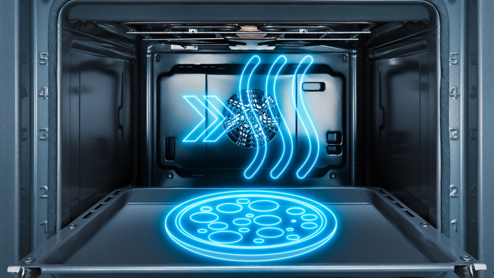 Innenraum eines Backofens mit grafischer Darstellung der Luftzirkulation.