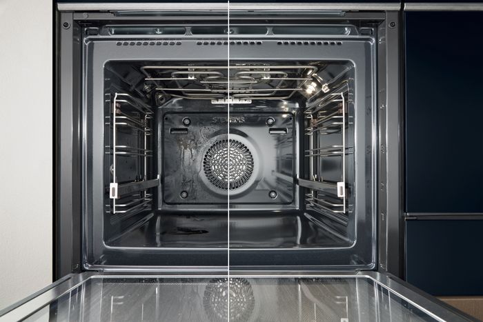 תנור פירוליטי בתמונה מפוצלת של לפני ואחרי הניקיון