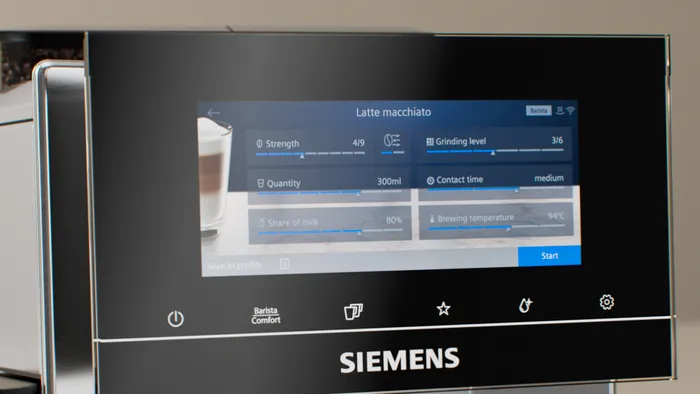 Image of the large touch screen of the new Siemens EQ900 fully automatic espresso machine. The screen depicts the various brewing parameters the user can choose: strength, quantity, milk, grinding level, contact time, and brewing temperature. Below each parameter, a blue bar indicates the level of the choosen parameter.
