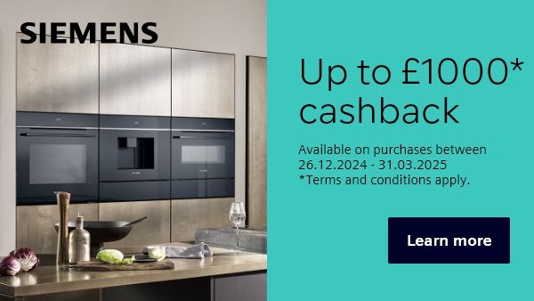 Multiple appliances in cabinets with promotion details alongside