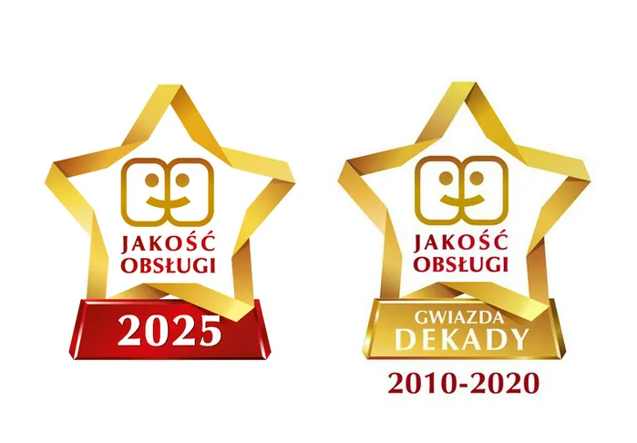 Dwa złote logotypy: "Jakość Obsługi 2024" i "Gwiazda Dekady 2010–2020".