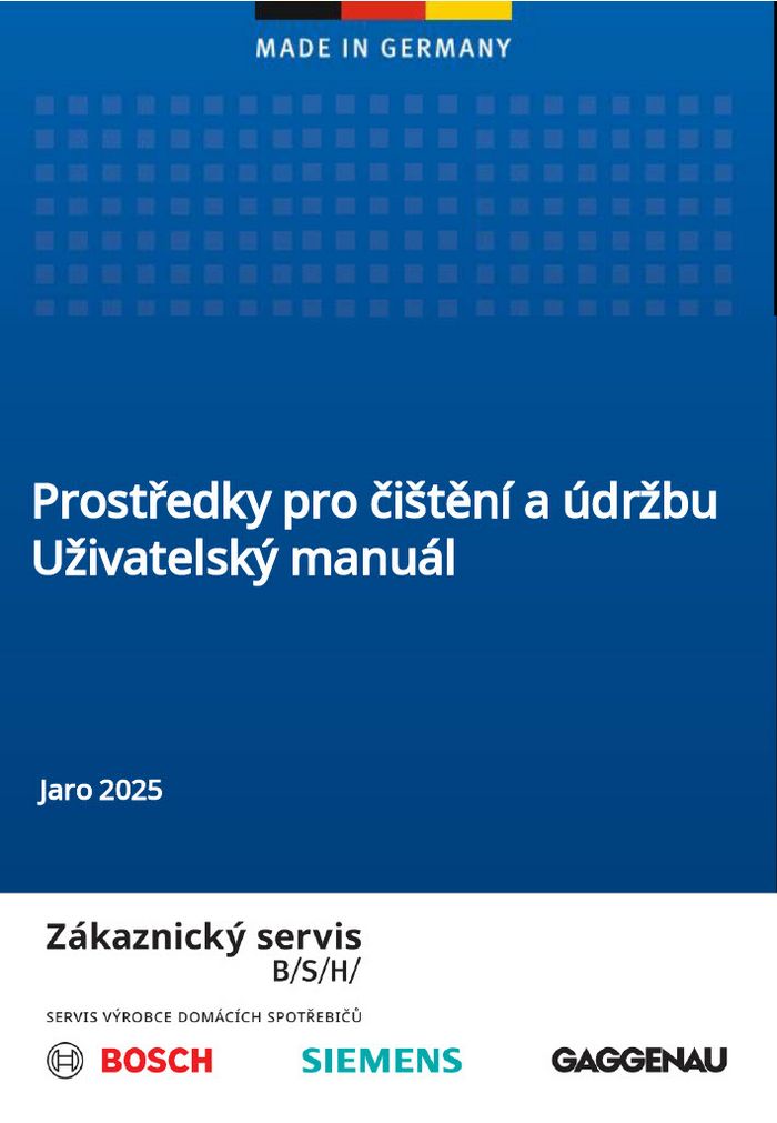 Obálka manuálu „Prostředky pro čištění a údržbu“, edice Jaro 2025 – návod k použití a údržbě.