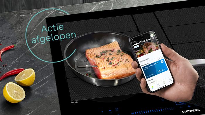 Actie afgelopen beeld van de Siemens actie: braadloze bluetooth kerntemperatuurmeter t.w.v. &euro; 149,95 cadeau bij aankoop van geselecteerde inductiekookplaten
