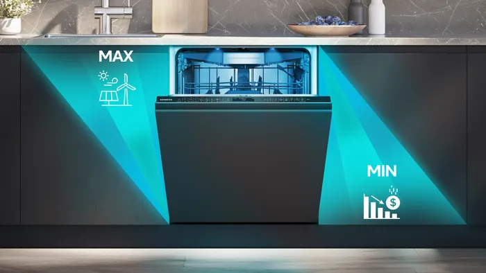 Sobre una imagen de un lavavajillas integrable abierto, una infograf&iacute;a simula uso en momentos con alto porcentaje de energ&iacute;a renovable o de menor precio de la electricidad.