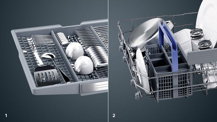 Esempi di disposizione delle stoviglie nella lavastoviglie Siemens: terzo cestello e cestello portaposate