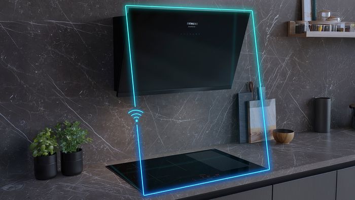 Hood in a kitchen with wifi graphic overlay