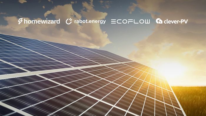 Solarpanele stehen auf einer Wiese, im Hintergrund scheint die Sonne an einem leicht belwölkten Himmel. Auf dem Bild sind Logos von homewizard, rabot.energy, COFLOW und clever-PV zu sehen.