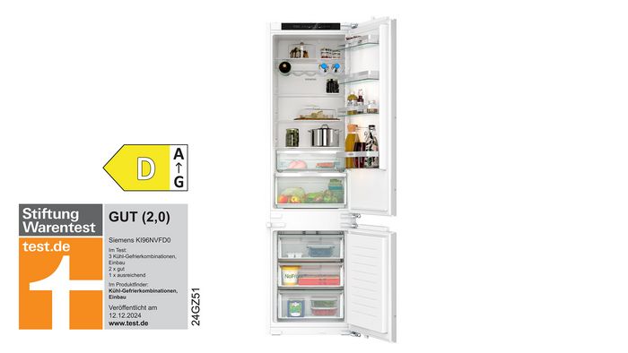 Siemens Einbau-Kühlschrank KI96NVFD0, der von der Stiftung Warentest mit GUT 2,0 bewertet wurde.