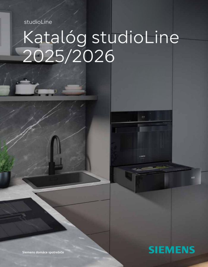 Moderná kuchyňa s čiernymi spotrebičmi, pultom a stoličkami; katalógový obal Siemens pre 2024/2025.