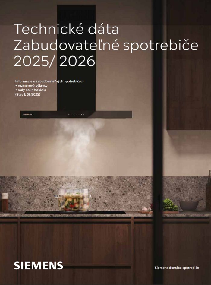 Na obrázku je zobrazený moderný kuchynský displej so spotrebičmi Siemens a veľkoplošná výstavná doska "Technické dáta Zabudované spotrebice 2024/2025.".