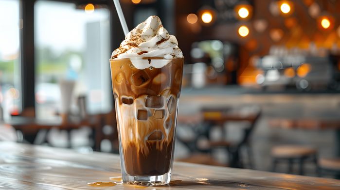 Kawa frappe z bita smietna slomka w tle restauracja