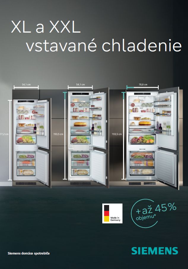 Chladnička s rôznymi potravinami, reklama na energeticky účinné spotrebiče Siemens v slovenskom jazyku.