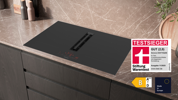 Siemens Induktionskochfeld mit integriertem Dunstabzug ED877HQ26E &ndash; Testsieger bei Stiftung Warentest mit dem Qualit&auml;tsurteil GUT (2,0), Ausgabe 11/2025.