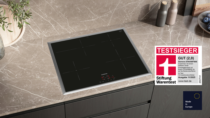 Siemens Induktionskochfeld EH645BFB6E &ndash; Testsieger bei Stiftung Warentest (Ausgabe 11/2025, GUT 2,0) &ndash; modernes 60 cm Kochfeld mit Edelstahlrahmen auf Marmorarbeitsplatte, ausgezeichnet f&uuml;r Effizienz und Design.