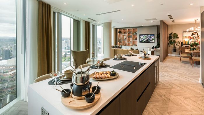 Open view of decorated penthouse living area