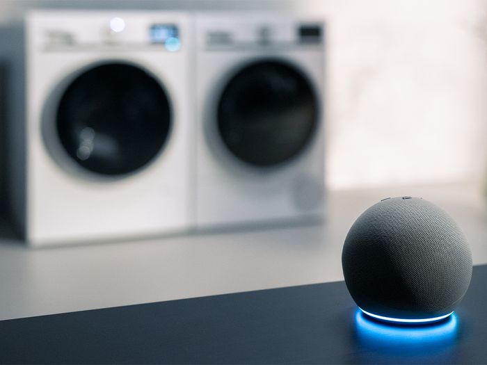 Smart speaker on a table with a washer and dryer blurred in the background.