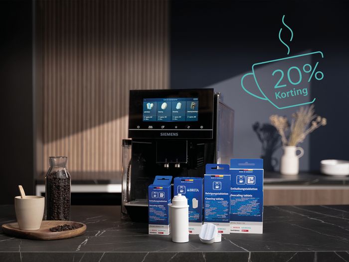 Koffieapparaat met koffie en reinigingsmiddelen. Ook button met tekst 20% korting