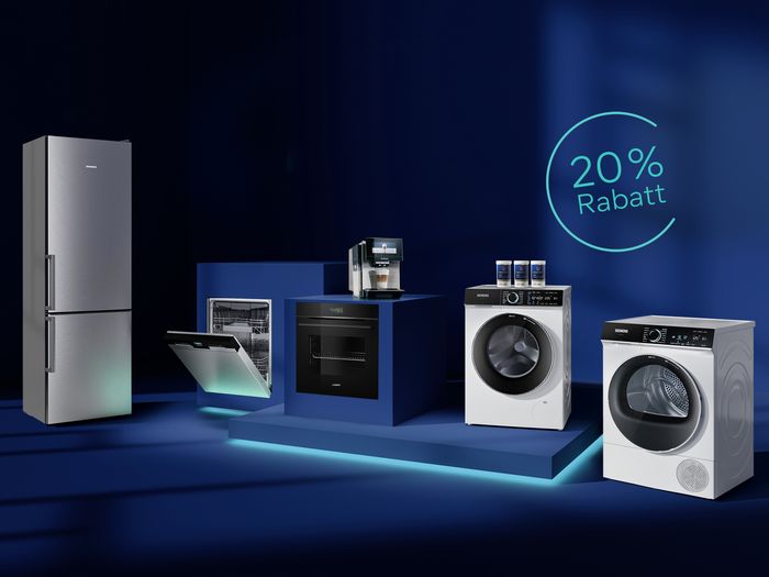 Dunkelblauer Raum mit Hausger&auml;ten von Siemens und dem Hinweis auf die Siemens Days mit 20 % Rabatt im Siemens Online Shop