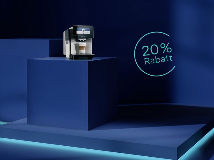 Dunkelblauer Raum mit Hausger&auml;ten von Siemens und dem Hinweis auf die Siemens Days mit 20 % Rabatt im Siemens Online Shop