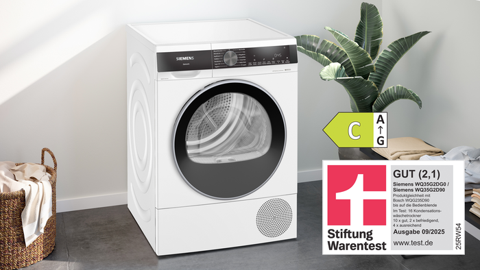 Siemens W&auml;rmepumpentrockner WQ35G2DG0 mit Stiftung Warentest-Auszeichnung und Energieeffizienzklasse C