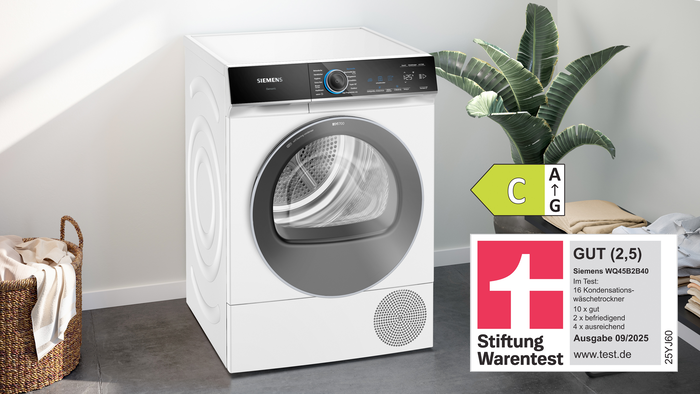 Siemens W&auml;rmepumpentrockner WQ45B2B40 mit Stiftung Warentest-Auszeichnung und Energielabel C