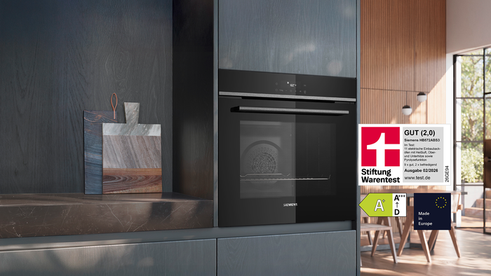 Siemens Einbaubackofen HB572ABS3 ausgezeichnet von Stiftung Warentest, Energieeffizienzklasse A+ und Made in Eurpe.
