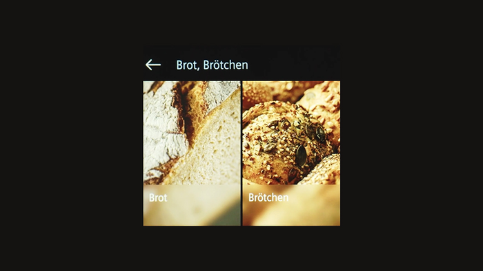 Touchdisplay eines Siemens Backofens mit Auswahlmen&uuml; f&uuml;r Brot und Br&ouml;tchen.