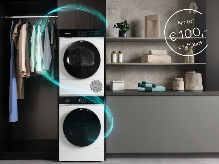 Siemens wasmachine en wasdroogcombinatie met een zwarte display en deur.