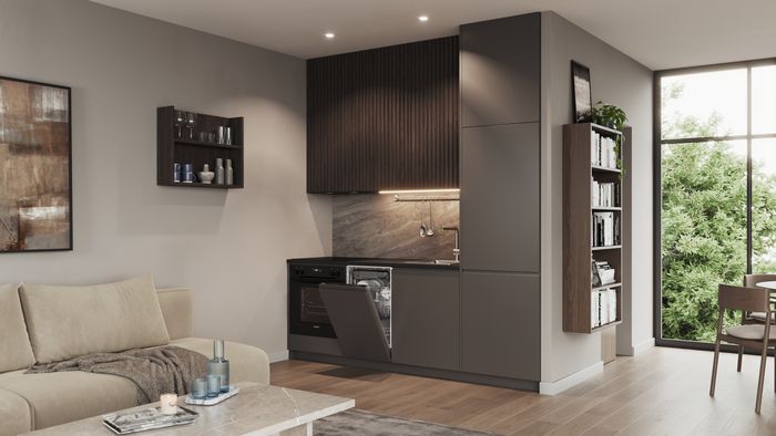 Soluzione di cucina a scomparsa per appartamenti moderni con spazi ridotti