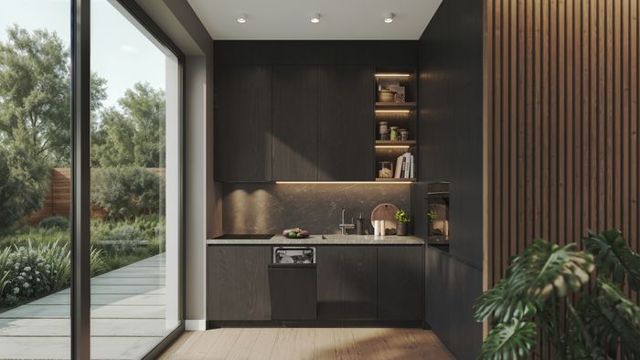Cucina contemporanea con elettrodomestici Siemens da incasso e illuminazione LED sottopensile