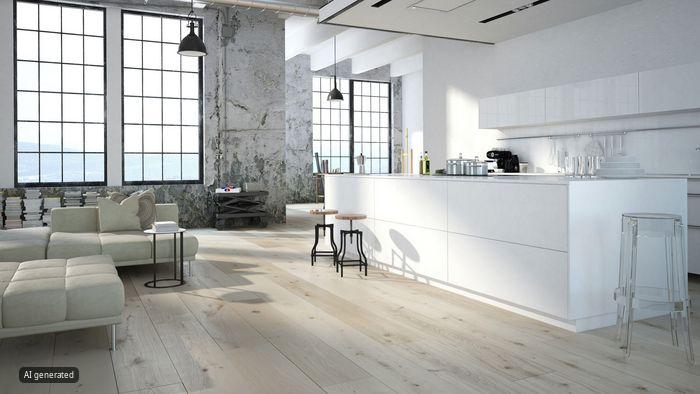 Cucina open space con isola centrale in un ambiente luminoso dal design contemporaneo