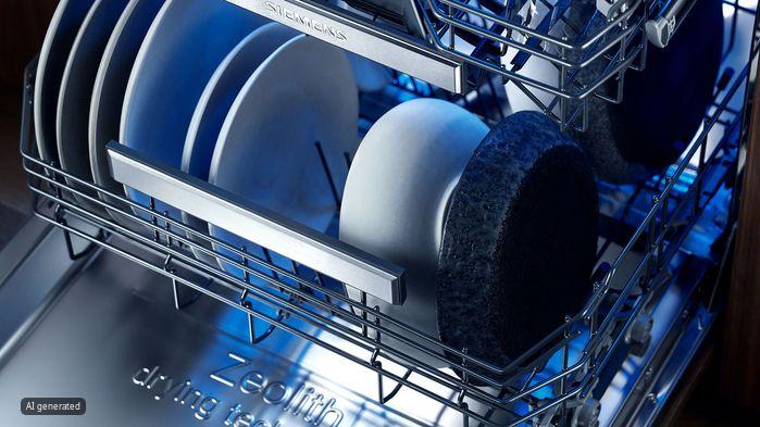 Interno di una lavastoviglie Siemens con luce blu e stoviglie asciutte.