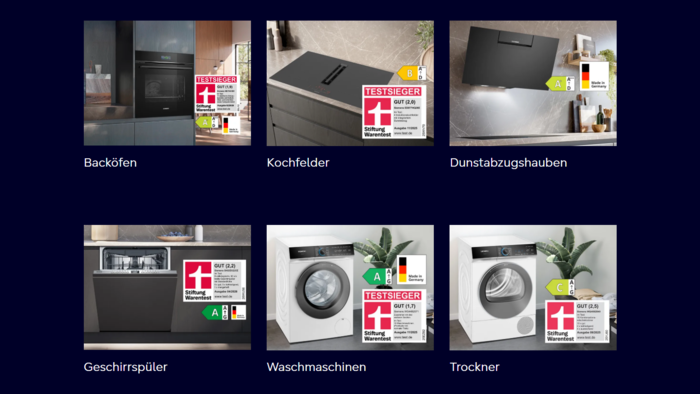 Siemens Waschmaschine WG44B2071 mit Stiftung Warentest Testsieger-Siegel GUT (1,7), Energielabel A und Made in Germany Hinweis in modernem Raum.
