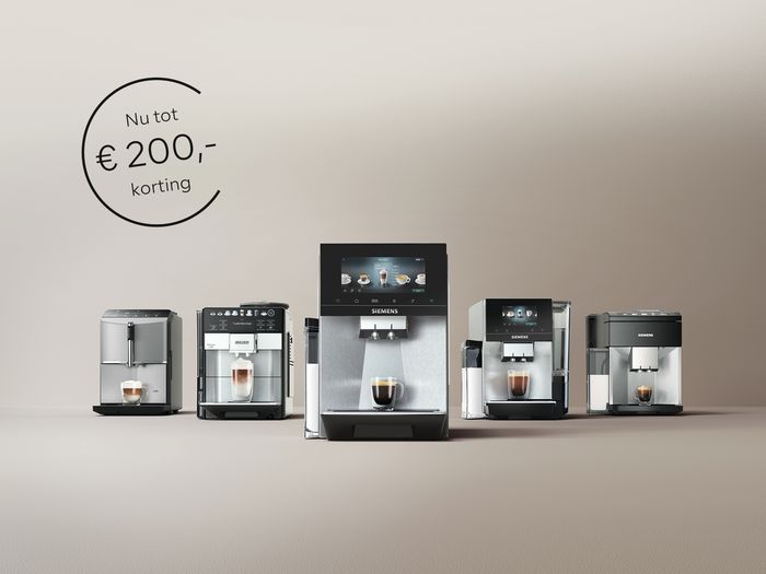 Vijf Siemens volautomatische espressomachines op een rij, nu tot &euro;200,- korting.